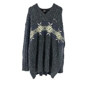 Fubu Fair Isle Sweater Gray V-Neck Pullover Fuzzy Cableknit Mens Plus 3XL XXXL